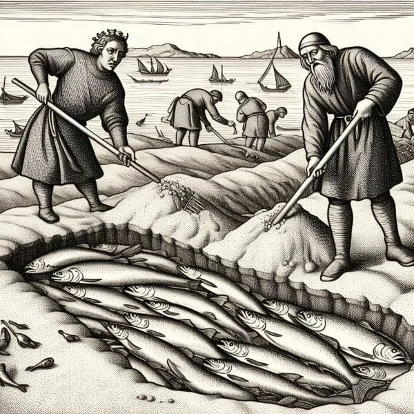 Scandinavian fishermen burying salmon in the sand above the high-tide line.