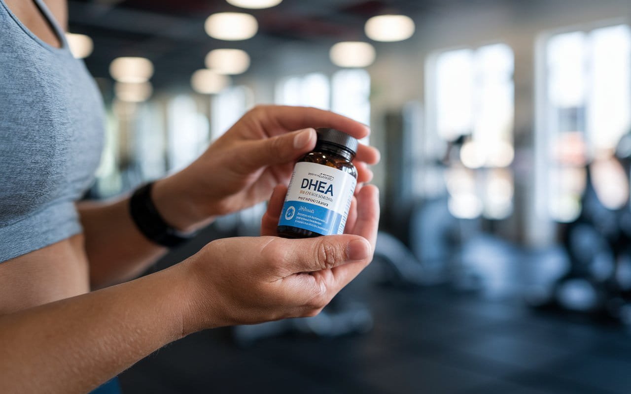 Close up of a person holding a bottle of DHEA supplement