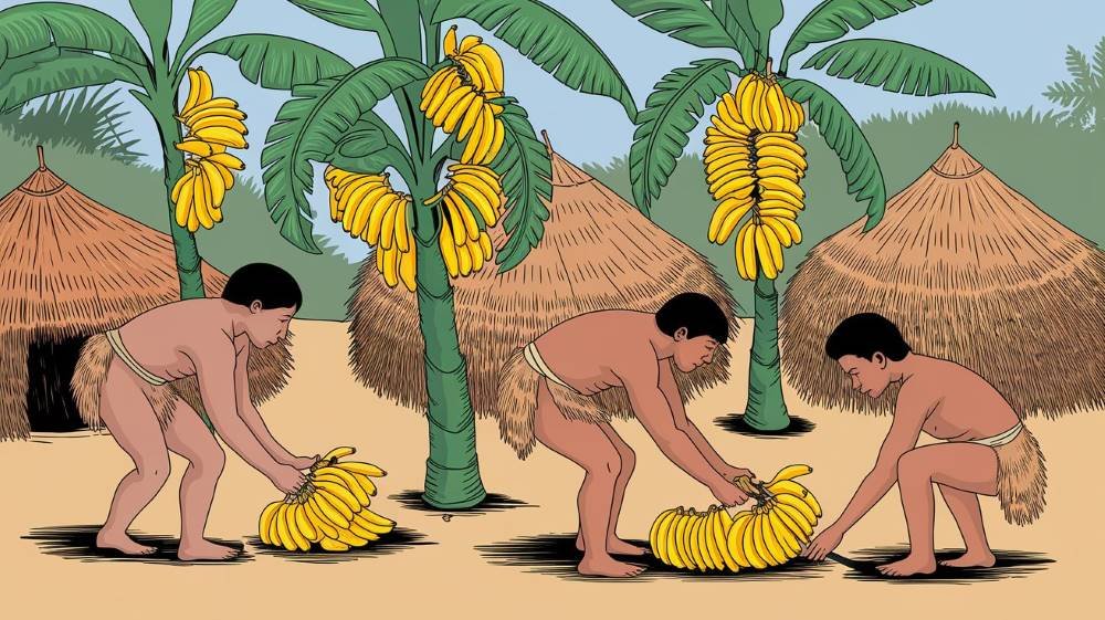 An illustration of native people from southeast Asia harvesting bananas.