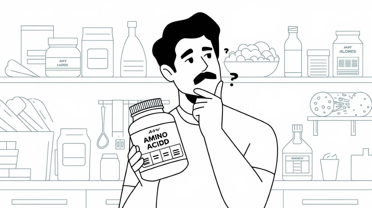 Man with a mustache holding an Amino Acids jar and wondering about calories