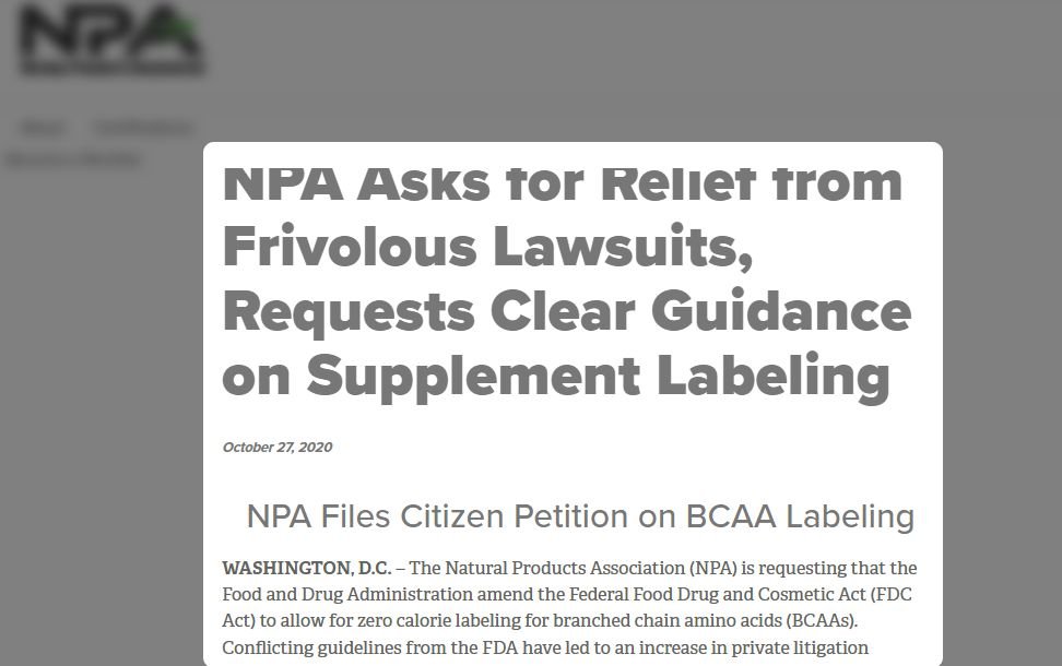 NPA files citizen petition on BCAA labeling.