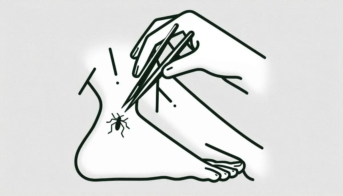 Illustration of a person removing a tick from its ancle using tweezers.