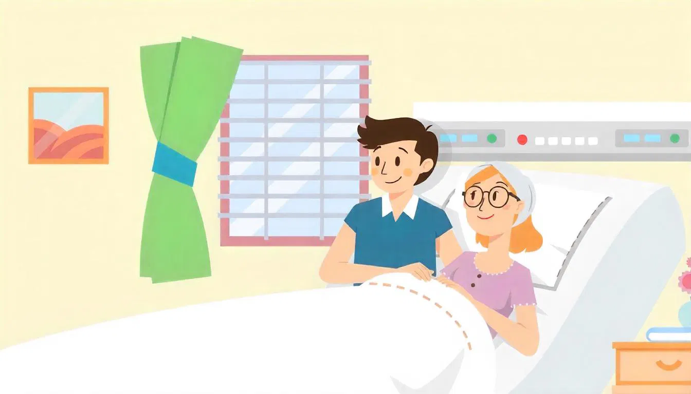 Illustration of A person is sitting next to his wife. His wife is in a hospital bed