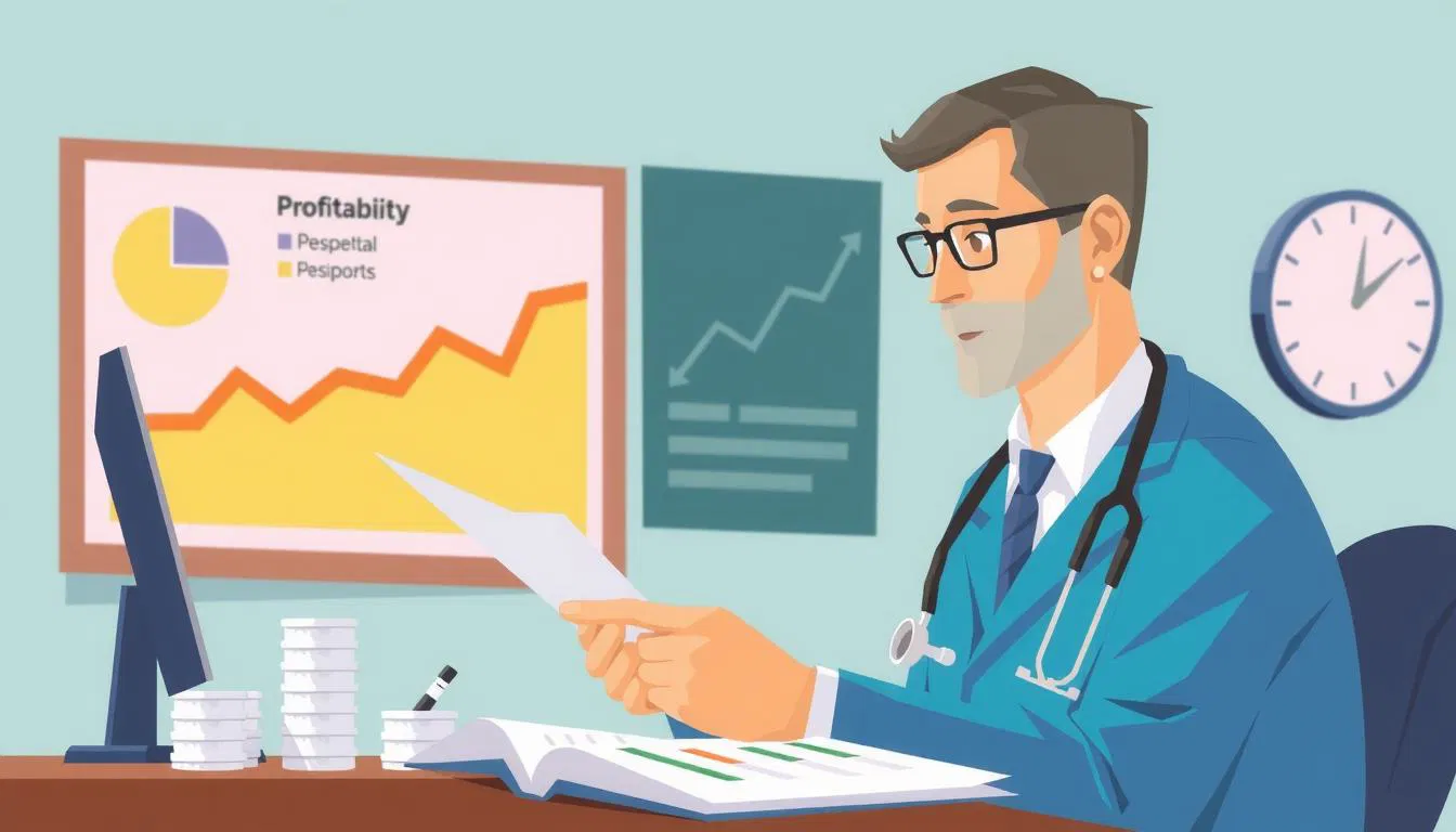 Illustration of a hospital administrator looking at profitability charts