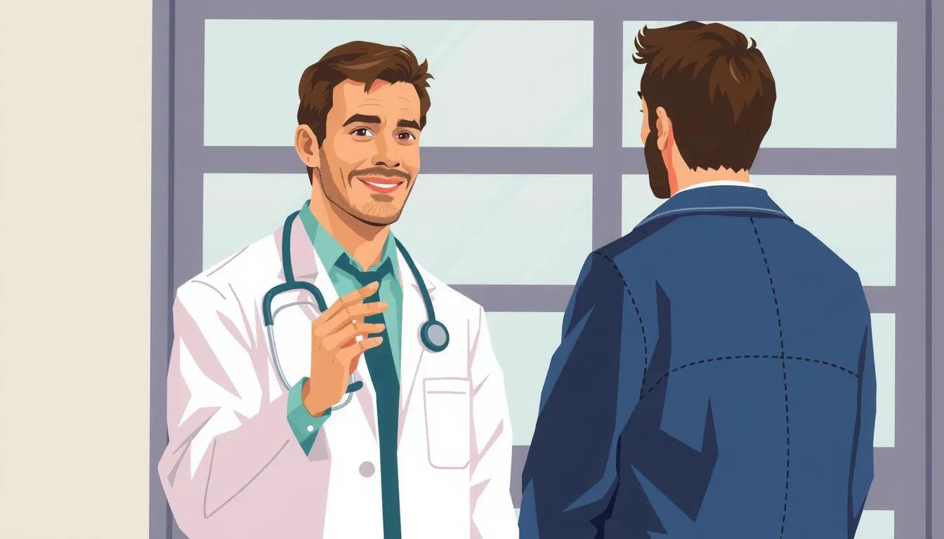 Illustration of a male patient asking a doctor questions.