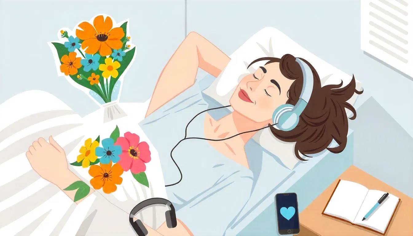 Illustration of a woman is laying comfortably in her hospital bed.