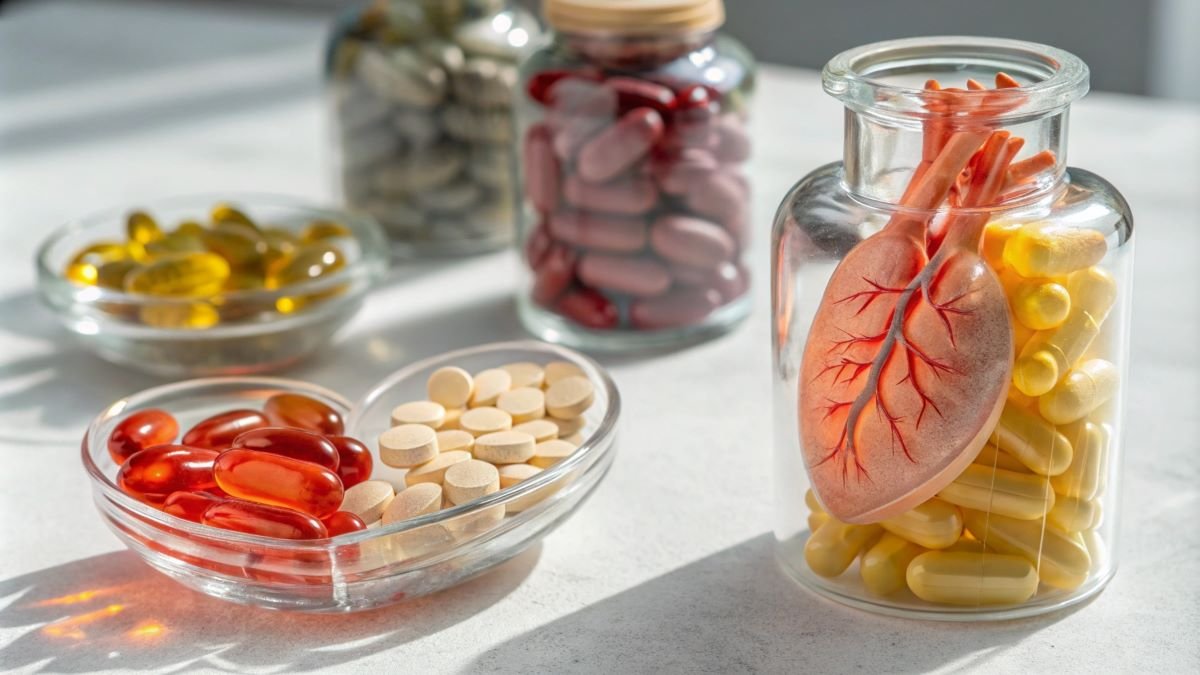 Assorted dietary supplements, including capsules and pills, are displayed in glass containers, alongside a model of a heart.