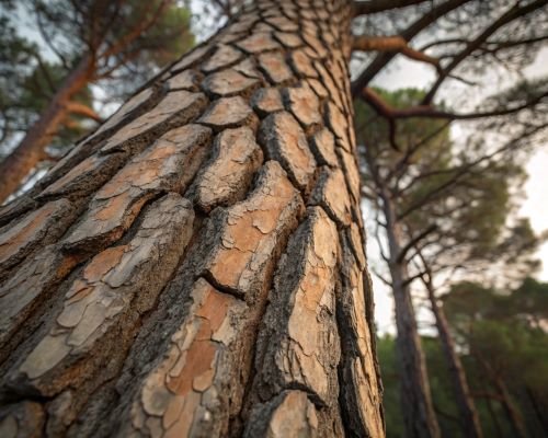 Close-up of a textured pine tree trunk with rough, layered bark.