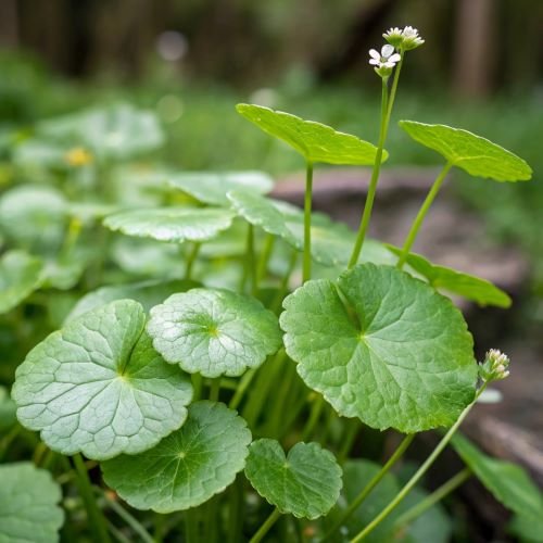 Close-up of a cluster of fresh, vibrant green Gotu Kola.