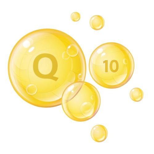 Yellow bubbles, some with the letter Q and number 10, depicting Coenzyme Q10