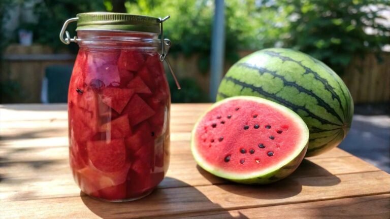 A Jar with fermented watermelon next to an un-fermented watermelon