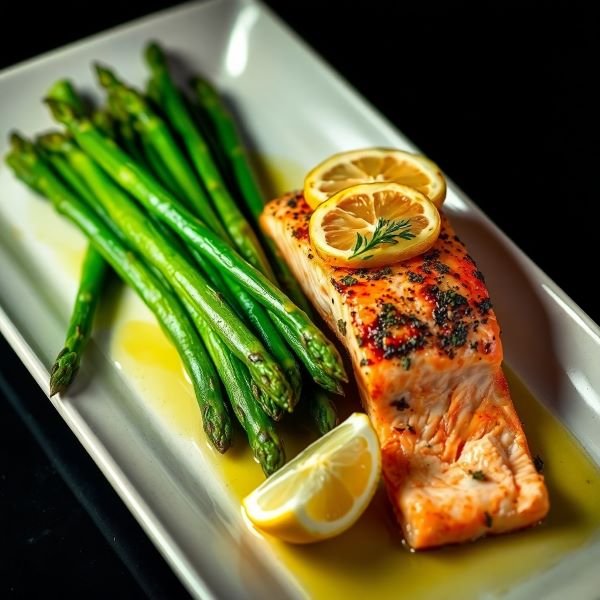 Flaky baked salmon fillet with lemon slices served alongside bright green asparagus spears on a light rectangular plate.