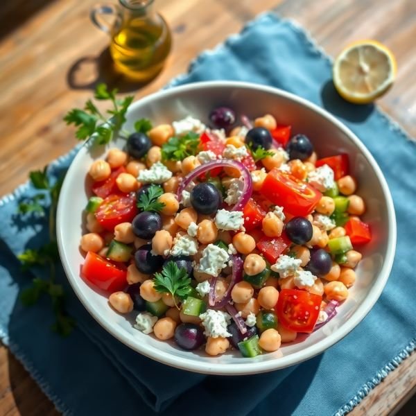 Fresh Mediterranean chickpea salad with colorful vegetables, olives, and feta cheese in a white bowl on a blue napkin