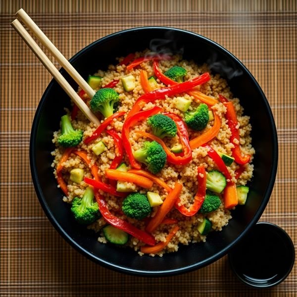 Overhead view of a steaming quinoa stir-fry with colorful vegetables including red peppers, broccoli, carrots and zucchini in a black bowl with chopsticks.