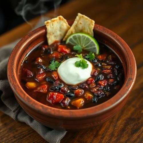 Black bean soup in an earthenware bowl, garnished with cilantro, a lime wedge, and a dollop of yogurt.