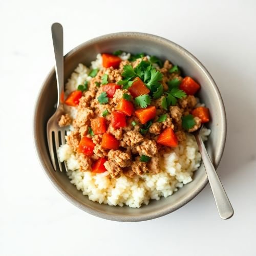 Protein-rich bowl with seasoned ground turkey over cauliflower rice, topped with red peppers and fresh parsley in a neutral ceramic bowl