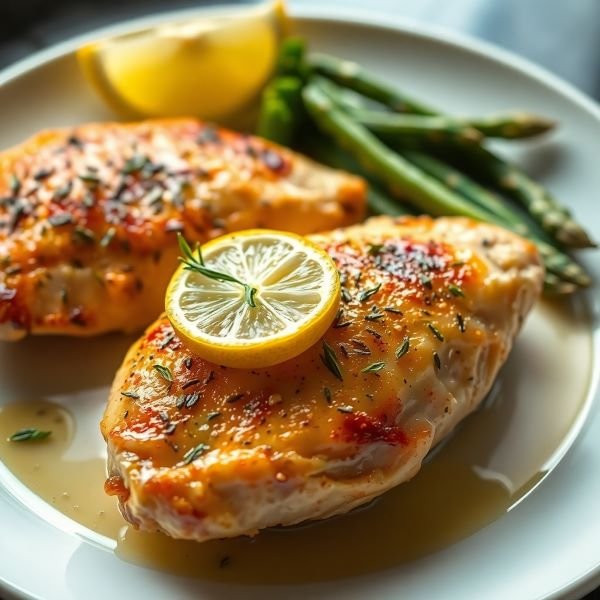 Two golden-brown baked chicken breasts garnished with herbs and lemon slices, served with steamed green vegetables on a white plate.