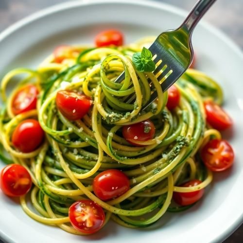 Twirled zucchini noodles coated in bright green pesto with scattered red cherry tomatoes and a sprinkle of Parmesan cheese.