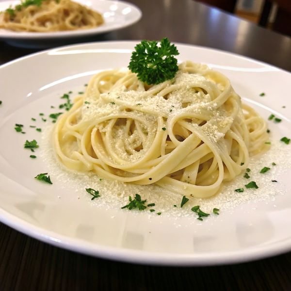 Fettuccine alfredo with grated cheese and parsley on top