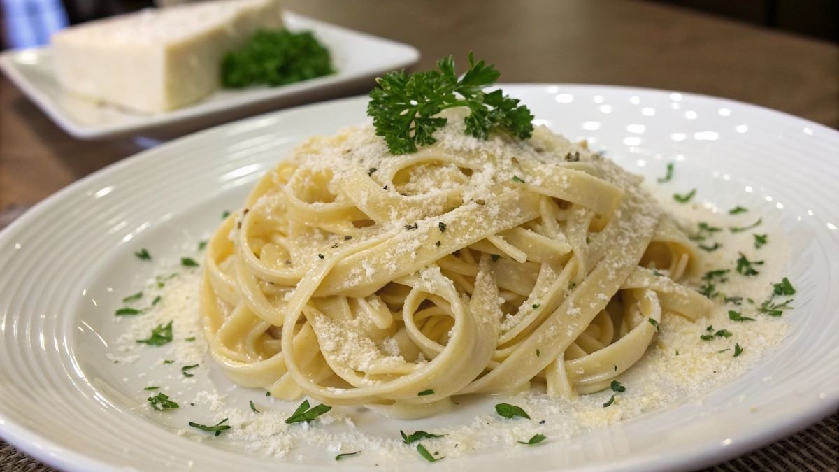 Fettuccine alfredo with grated cheese on top