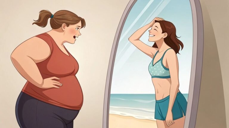 Obese woman standing in front of the mirror. Here reflection shows a thin woman in the beach