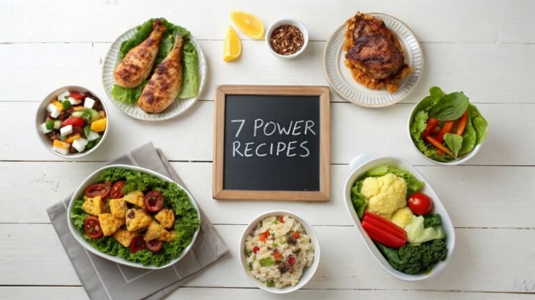 Overhead arrangement of seven colorful high-protein, low-calorie meals surrounding a '7 Power Recipes' slate sign, with subtle fitness elements emphasizing their weight loss benefits.