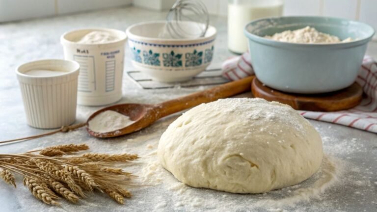 Freshly made dough ball, dusted with flour, surrounded by measuring cups, bowls, and wheat stalks, ready for baking.