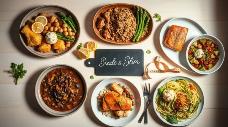 Overhead view of seven colorful, healthy dinner recipes arranged on a light surface around a slate board reading 'Sizzle & Slim.' The display includes herb chicken, vegetable quinoa, black bean soup, baked salmon, turkey bowls, Mediterranean salad, and zucchini noodles, showcasing appealing weight-loss friendly meals.