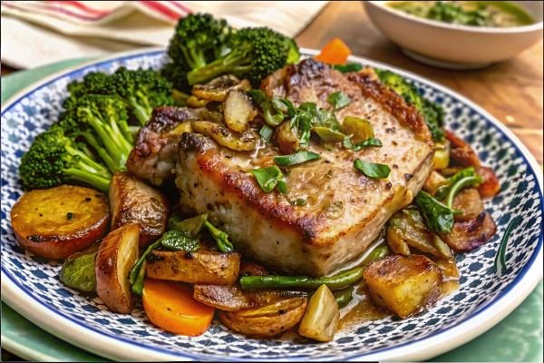 Pork chops with vinegar peppers and broccoli