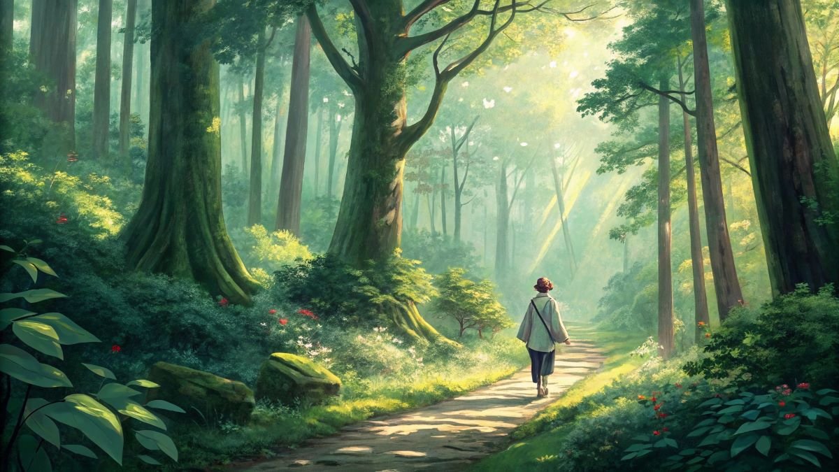 Woman walks through a forest