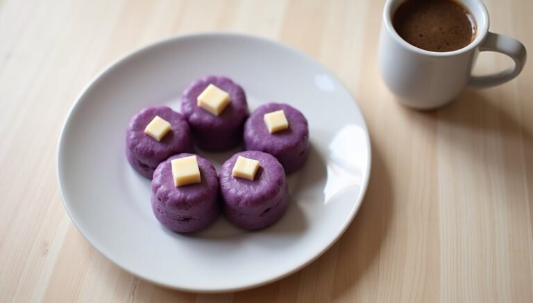 A plate of freshly steamed ube puto with a smooth purple surface, some topped with melted cheese. A cup of Filipino coffee (kapeng barako) sits beside it on a wooden table, with soft natural lighting highlighting the puto’s fluffy texture.