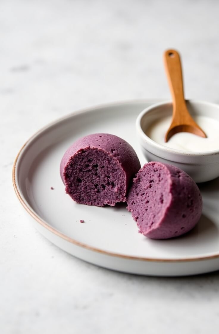 A plate of vegan and gluten-free ube puto made with coconut milk and a flaxseed meal egg substitute