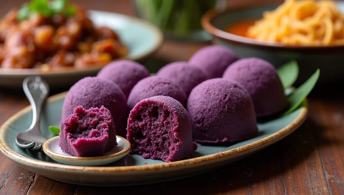 A serving platter of ube puto alongside traditional Filipino dishes—dinuguan (pork blood stew) and pancit (stir-fried noodles).