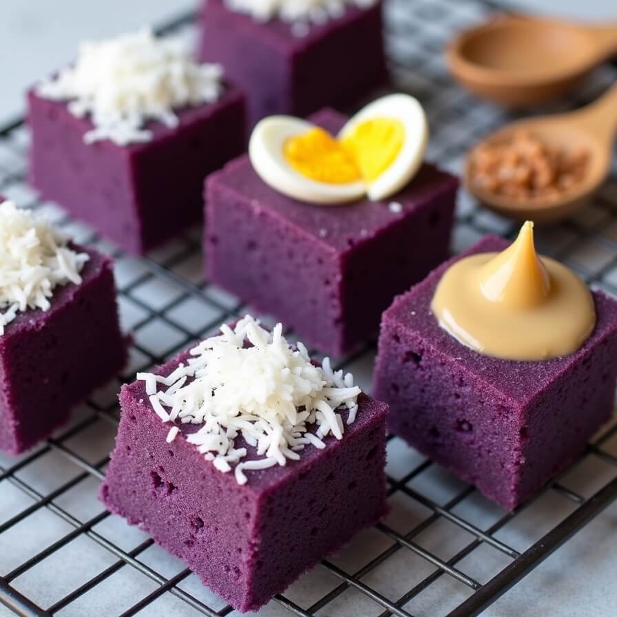 Close-up of ube puto on a cooling rack, each topped with different garnishes—grated coconut, salted egg slices, and a drizzle of sweetened condensed milk.