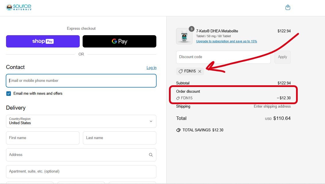 Source Naturals checkout page showing the discount code works.