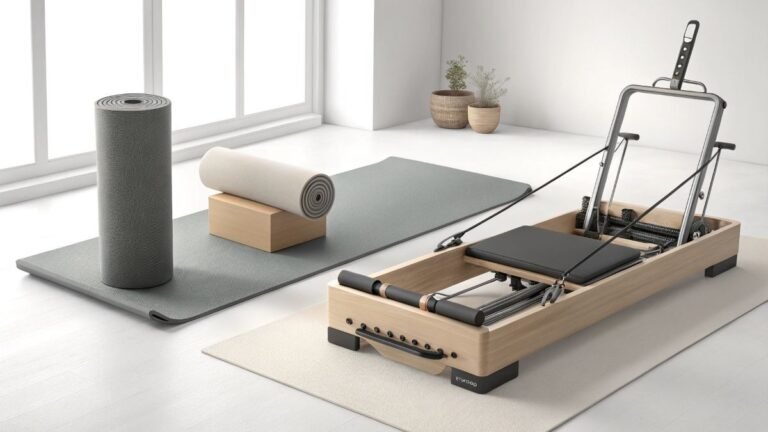 Split image: yoga mat with blocks on left side, Pilates reformer on right side, both on white background with soft lighting.