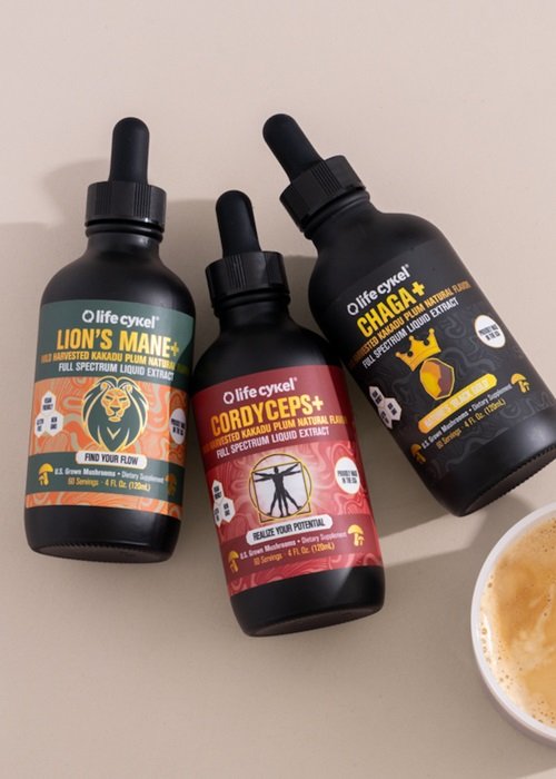 Lifecykel Lion's Mane, Cordyceps and Chaga mushroom extracts.
