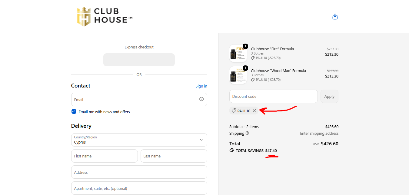 Proof that ClubHouse Supplements Discount Code PAUL10 is working