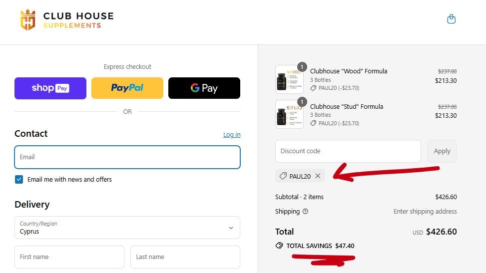 Proof that Club House Supplements Discount Code PAUL20 is working