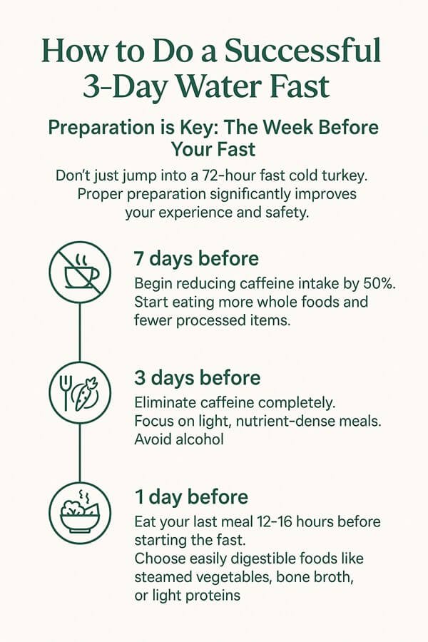 Preparation timeline infographic for 3-day water fast showing 7-day, 3-day, and 1-day prep steps