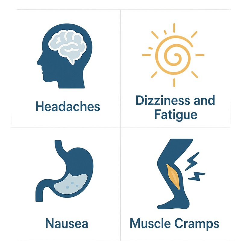 Medical infographic showing 4 common water fasting side effects: headaches, dizziness, nausea, cramps.