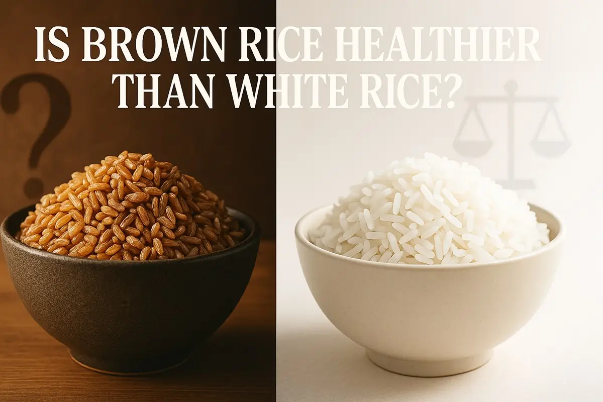 Featured image split in two showing a bowl with brown rice and bowl with white rice.