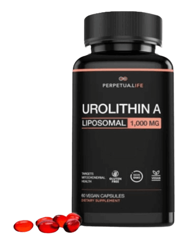 Perpetual Life Urolithin A bottle with shown capsules outside