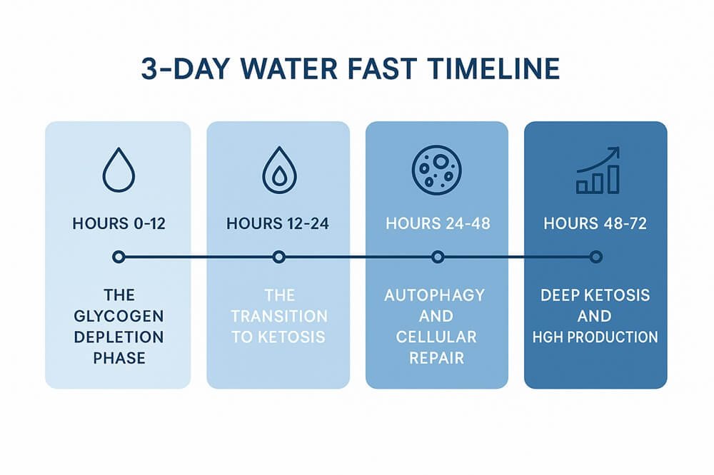 Horizontal timeline showing 4 phases of 3-day water fast from glycogen depletion to deep ketosis.