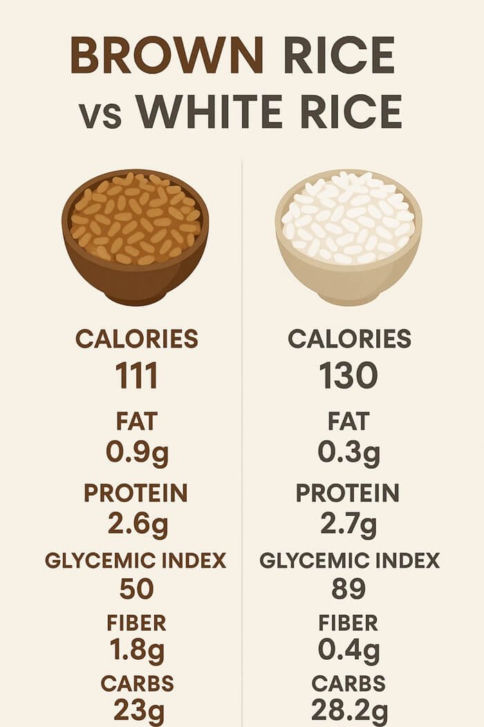 Vertical infographic comparing brown rice vs white rice nutrition facts with calories, fiber & minerals