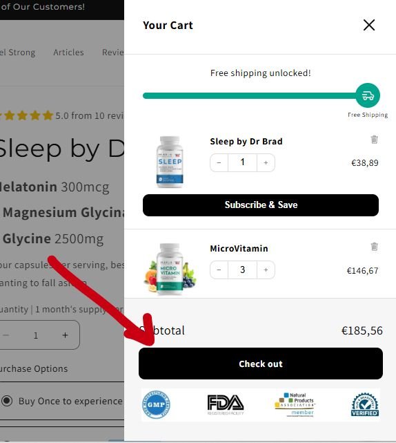 Screenshot from Dr. Brad Stanfield's website, showing what happens when you click on the cart icon. A red arrow points to the Checkout button.