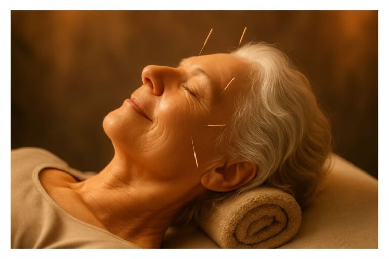 Senior woman receiving acupuncture, looking peaceful and relaxed.