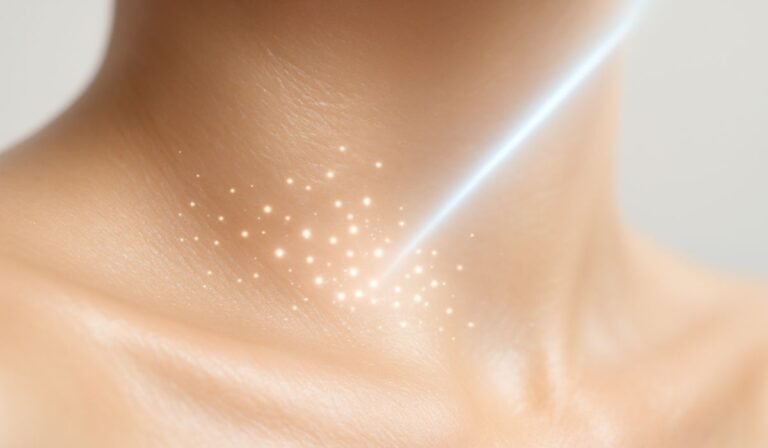 Close-up of skin with glowing particles and light beam, symbolizing science-based anti-aging.
