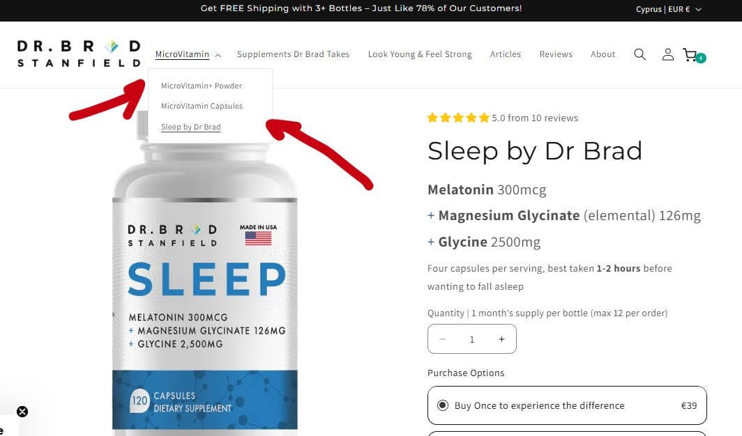Screenshot from Dr. Brad Stanfield's website, showing how to navigate to it's supplement line.
