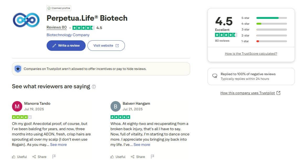 Screenshot of Perpetua Life Biotech's profile on Trustpilot
